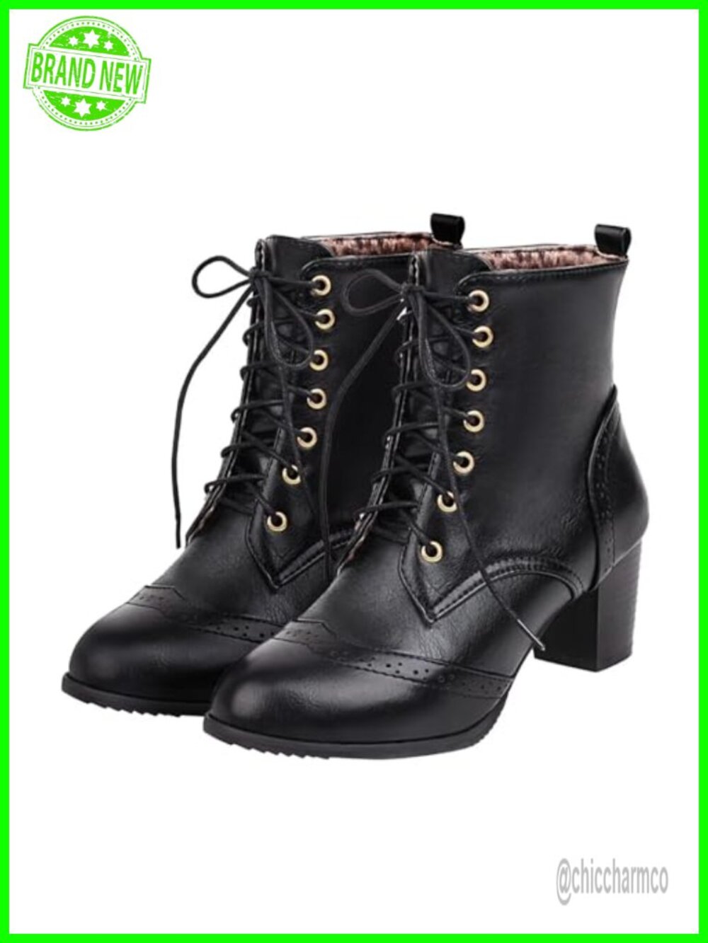 Women's Brogue Ankle Boots Lace Up Chunky Block Heel Round Toe Booties